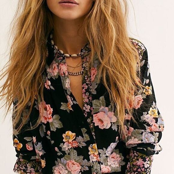 Free People Hold Onto Me Black Floral Button Down Shirt Sz S - Picture 1 of 11